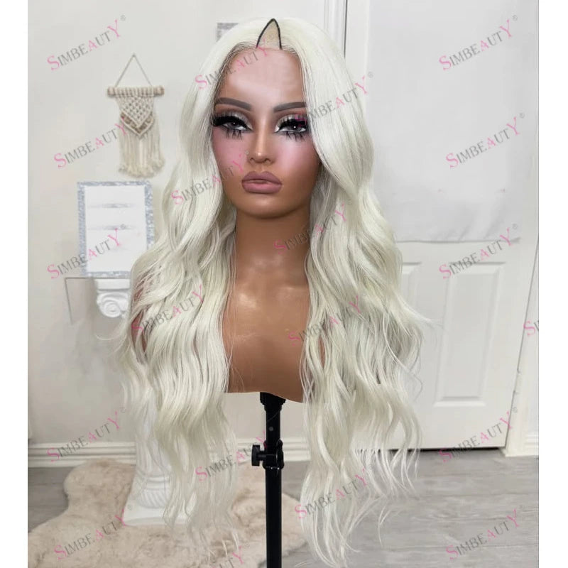 White Platinum Blonde Brazilian 100% Virgin Human Hair – 1x4 V-Part Glueless U-Part Wig